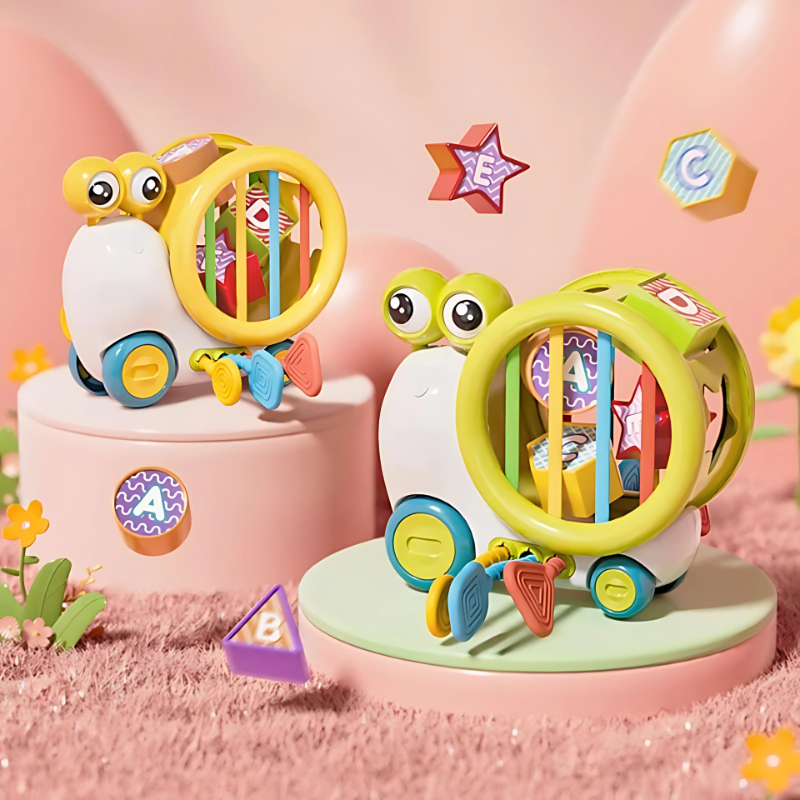 Unisex snail play activity toy & teether for baby with colorful rings and textures, promoting sensory development.