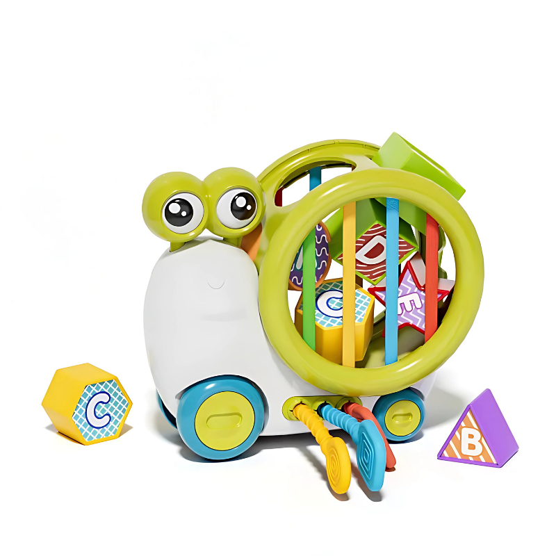 Toddler snail activity toy for babies; educational teether with various shapes and easy-to-grasp design for tiny hands.