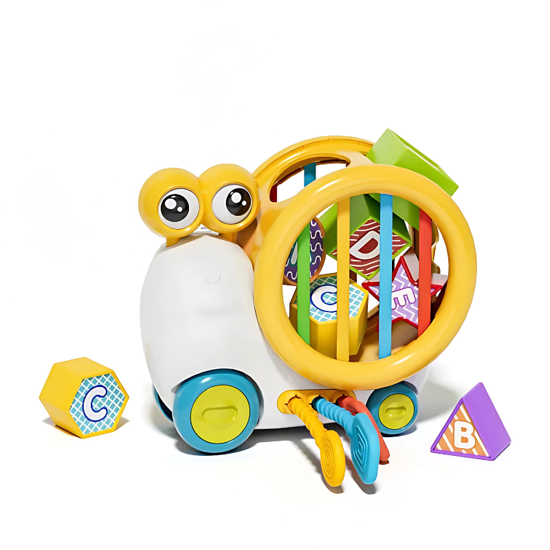 Close-up of a whimsical snail play activity toy & teether, perfect for stimulating sensory discovery in infants and toddlers.