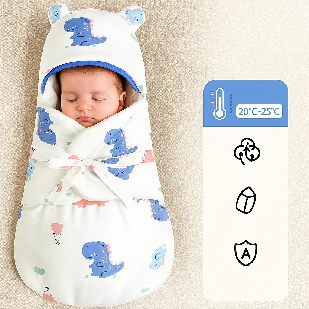 Adorable baby in a SnuggleBear unisex cotton swaddle, looking cozy and content for sleep