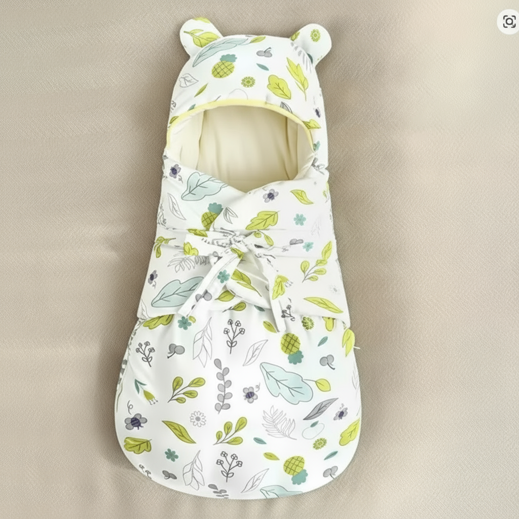 Stack of folded SnuggleBear cotton swaddle blankets, essential baby accessories for sleep and comfort