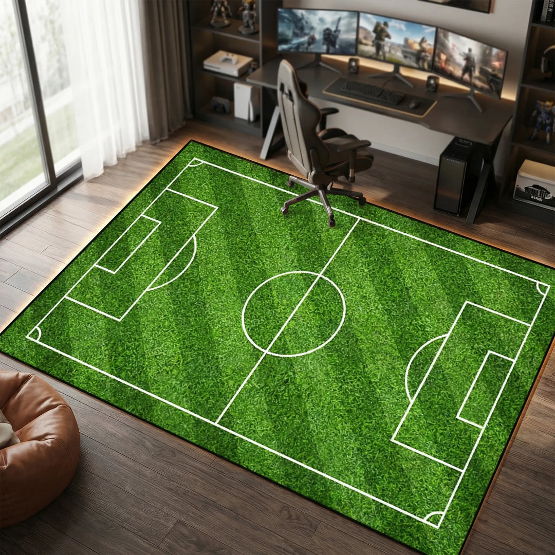 Unisex soccer field area rug with a washable, non-slip design, perfect for kids' rooms or game rooms.