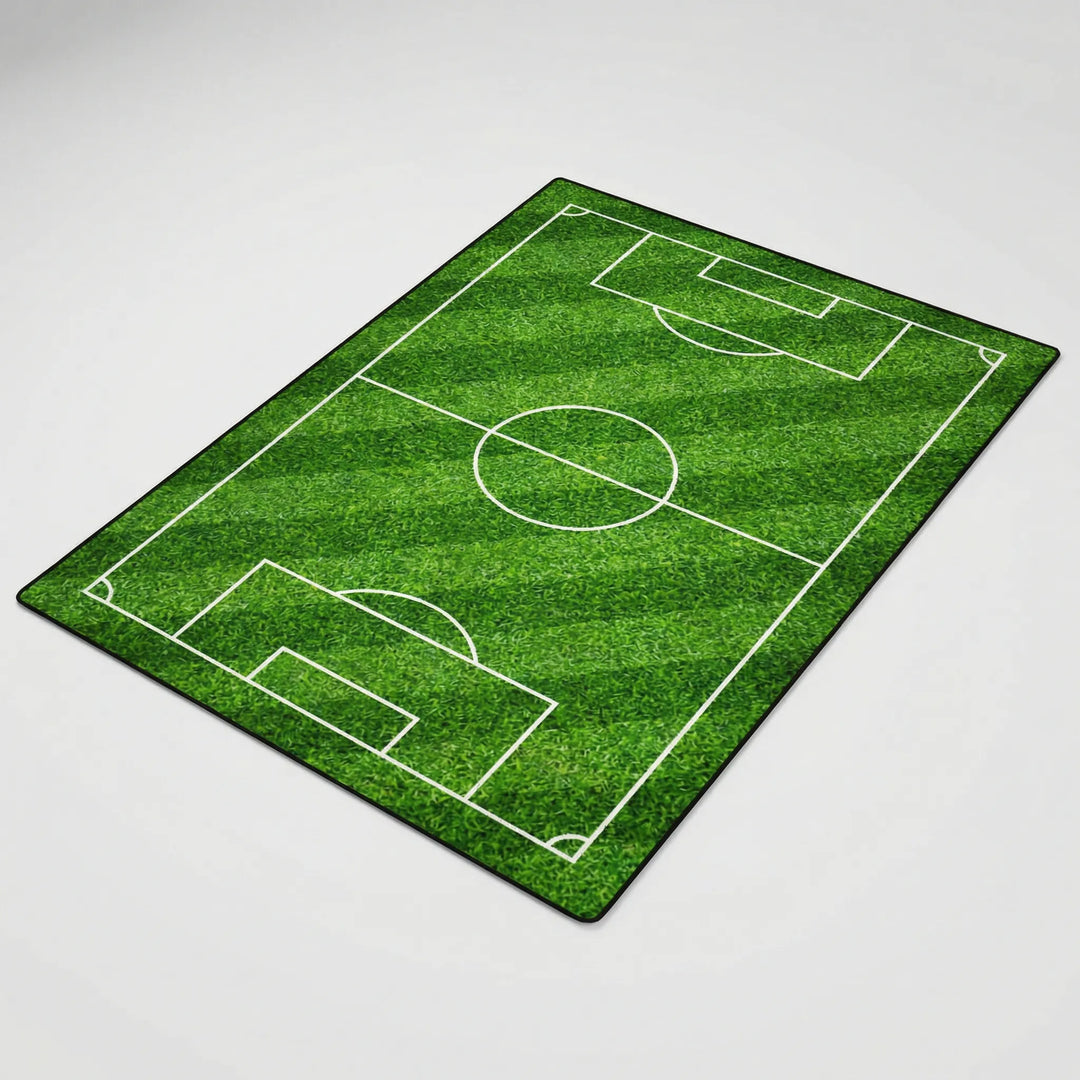 Flowique soccer field area rug with unique wave design, a non-slip playmat for boys' rooms & sports decor.