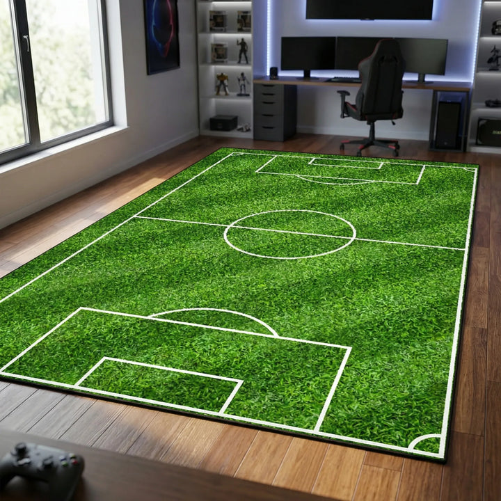 Durable soccer field playmat rug with non-slip backing, ideal for kids' rooms, game rooms & active play zones.