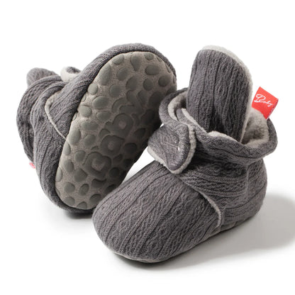 Soft fluff cotton baby booties, unisex, hook and loop closure, anti-slip sole, cozy for infants.