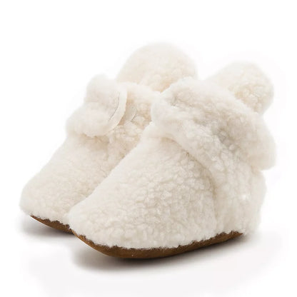 Unisex soft fluff baby booties, breathable cotton, anti-slip, cozy and safe first walkers.