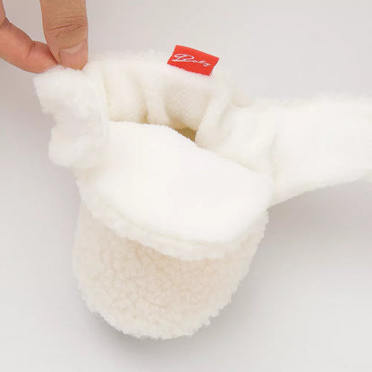 Infant soft shoes, unisex fluffy booties, anti-slip, cozy first walkers, cotton material.