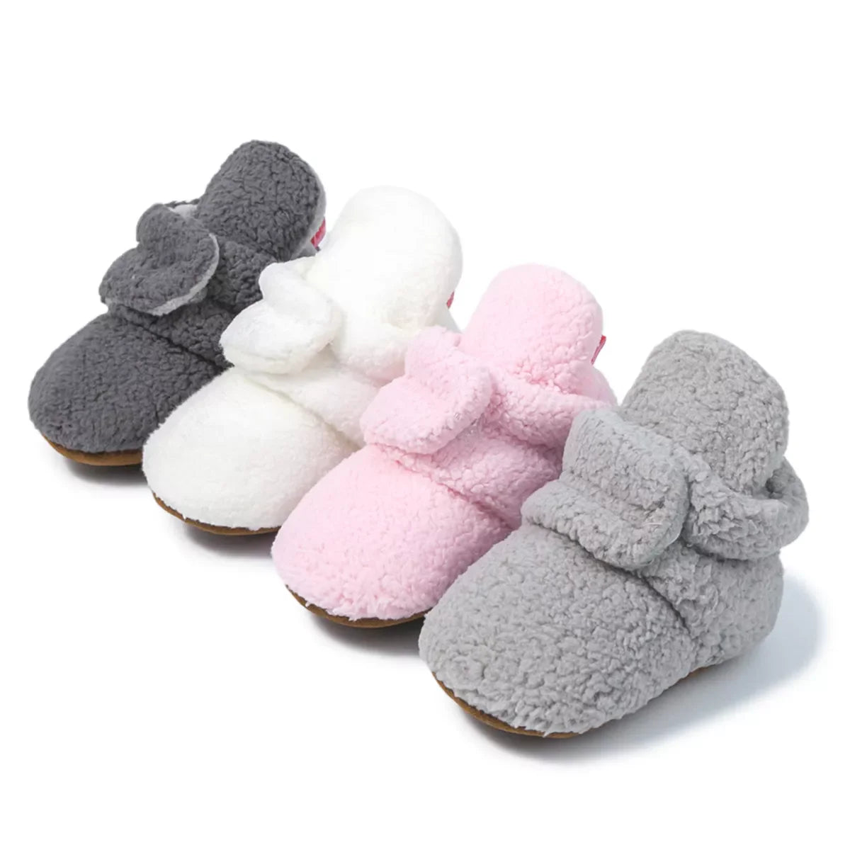 Comfortable unisex soft fluff baby booties, anti-slip, warm cotton, ideal newborn first walkers.