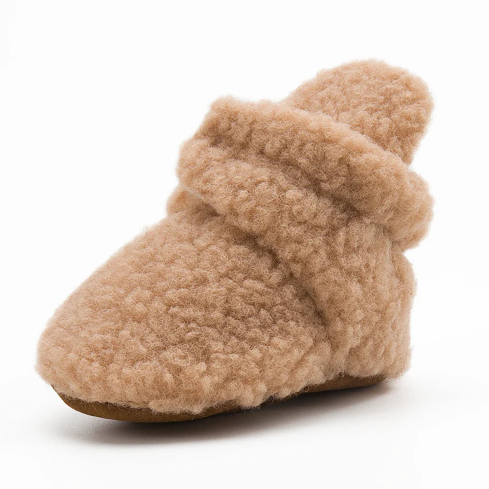 Cute fluffy baby booties for infants, unisex design, great for first walkers, warm cotton lining.