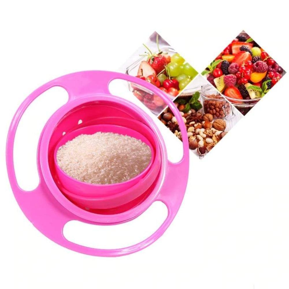 Child happily eating cereal from a yellow spill-proof 360 rotating gyro bowl