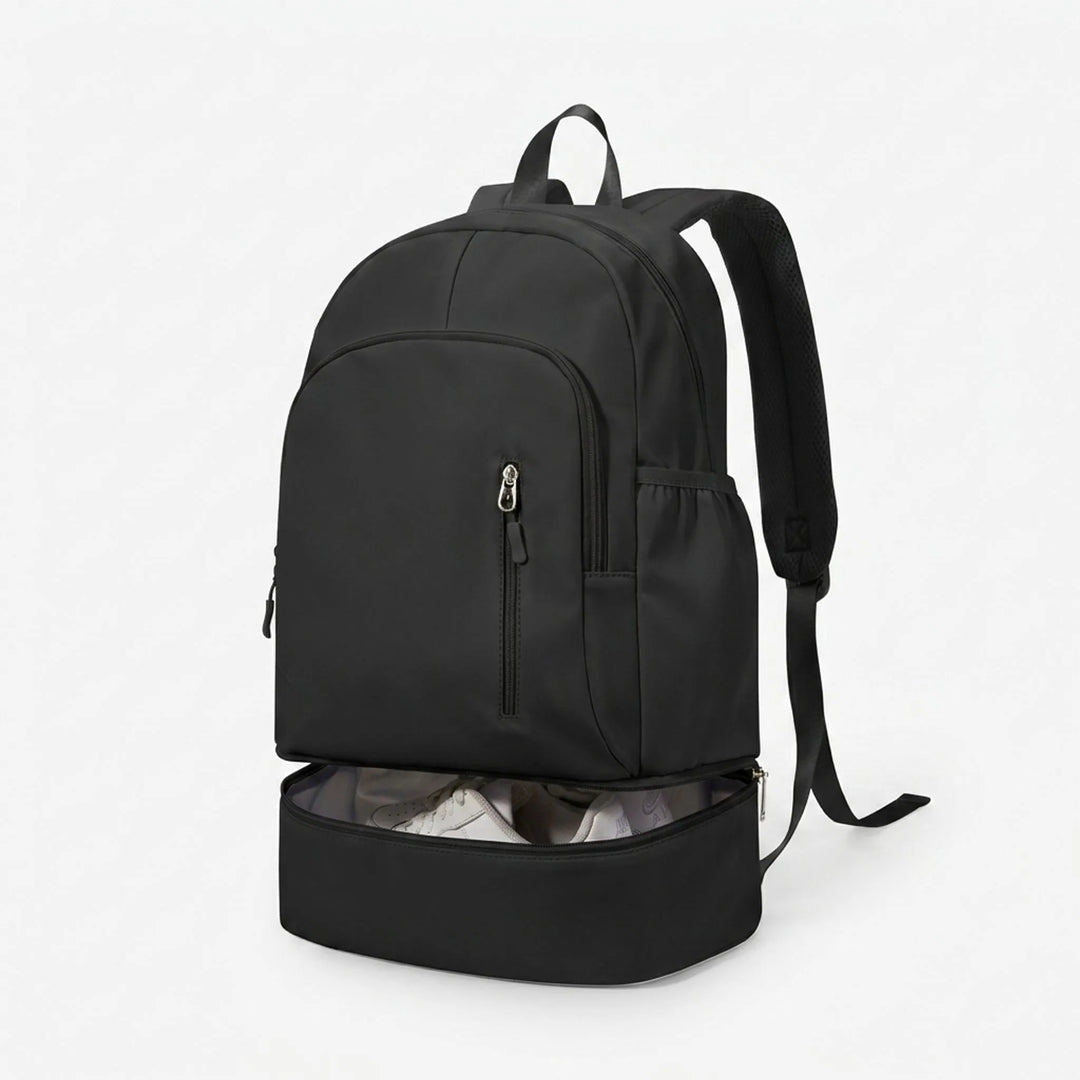 Nylon sports backpack featuring a dedicated shoe compartment, perfect for activewear and gym essentials. Unisex design.