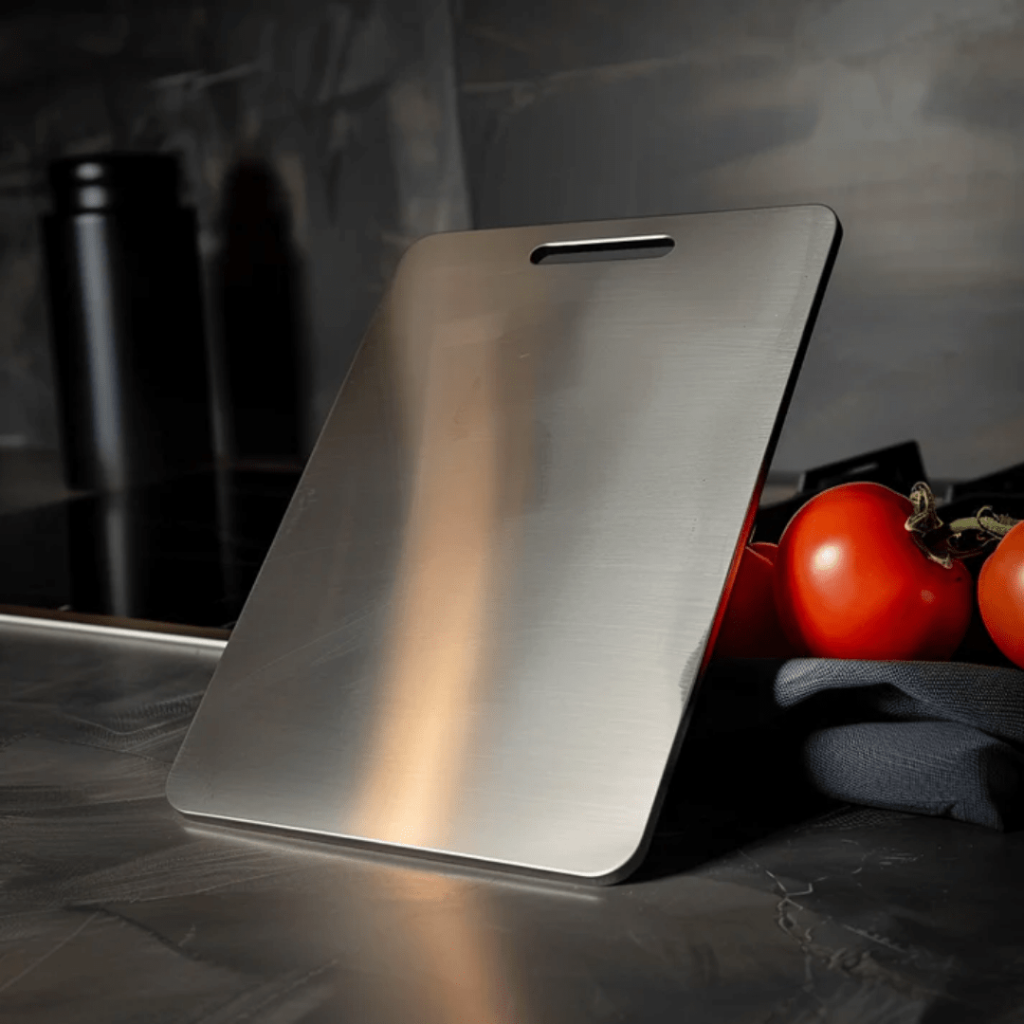Unisex stainless steel cutting board for hygienic food prep. Rustproof, odor-neutral, and durable kitchen essential.