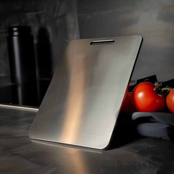 Unisex stainless steel cutting board for hygienic food prep. Rustproof, odor-neutral, and durable kitchen essential.