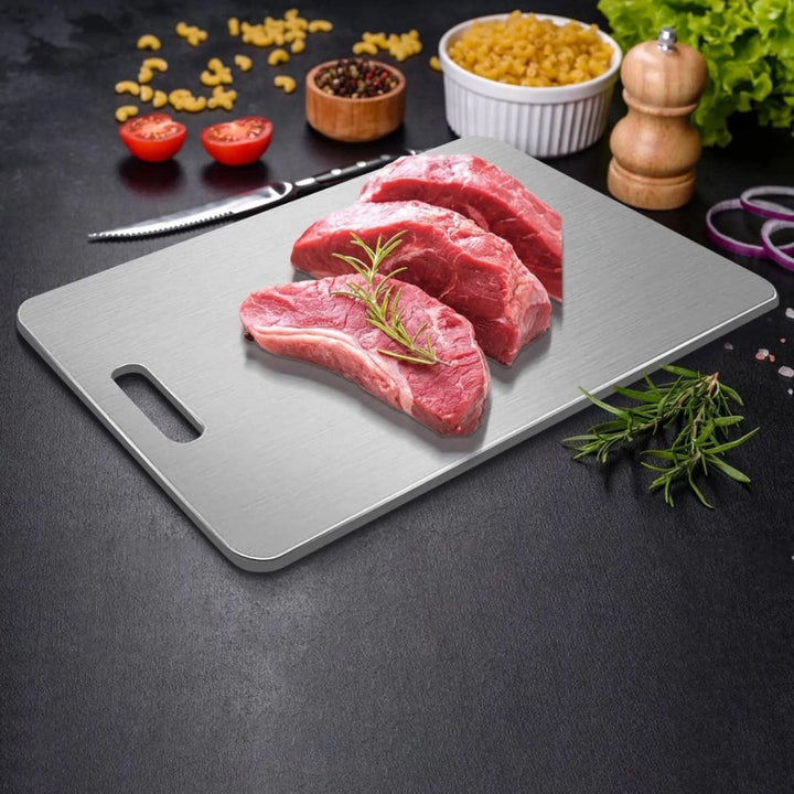 Durable stainless steel cutting board for all kitchen food prep. Rustproof, odor-neutral, and long-lasting.