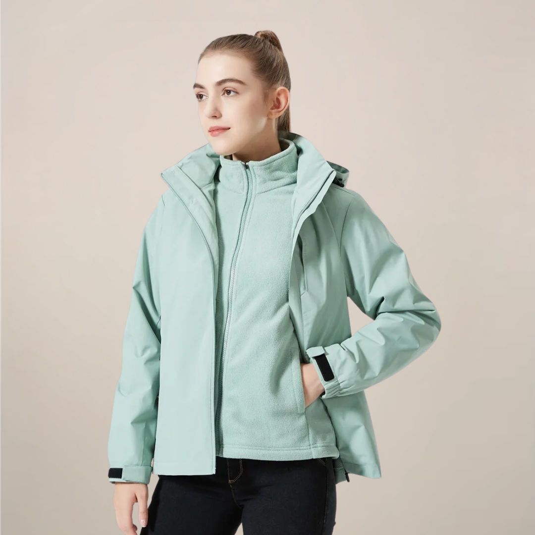 Detail of stand collar & full-zip on a stylish unisex windbreaker jacket, ideal for casual outdoor wear.