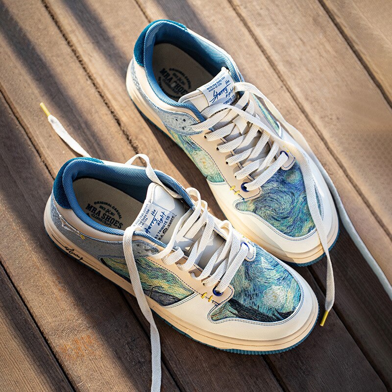 Unique Starry Night sneakers. Creative fashion footwear with artistic Van Gogh design for casual wear.