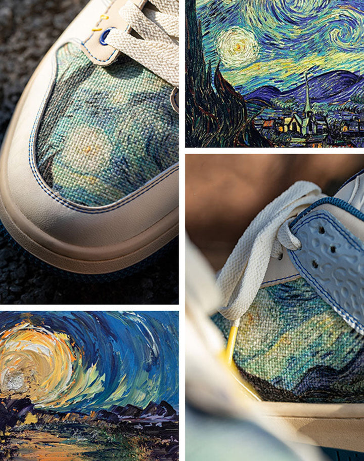 Statement Starry Night sneakers. Unisex artistic shoes with vibrant Van Gogh design for unique urban style.