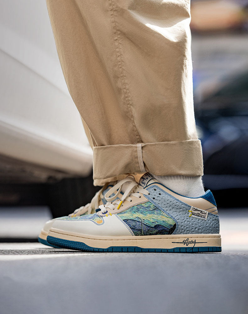 Side view: Unisex Starry Night sneakers. Features comfort sole & artistic Van Gogh inspired design.
