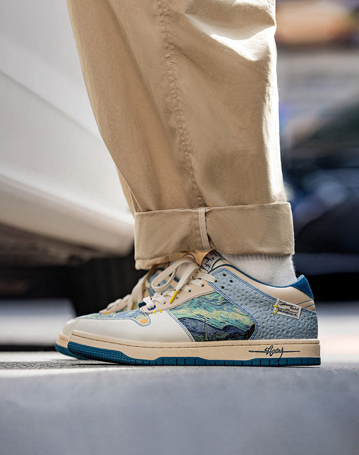Side view: Unisex Starry Night sneakers. Features comfort sole & artistic Van Gogh inspired design.