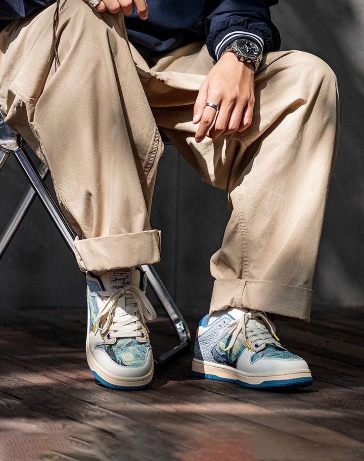 Front view: Artistic Starry Night sneakers. Unique Van Gogh inspired design & laces on comfort footwear.