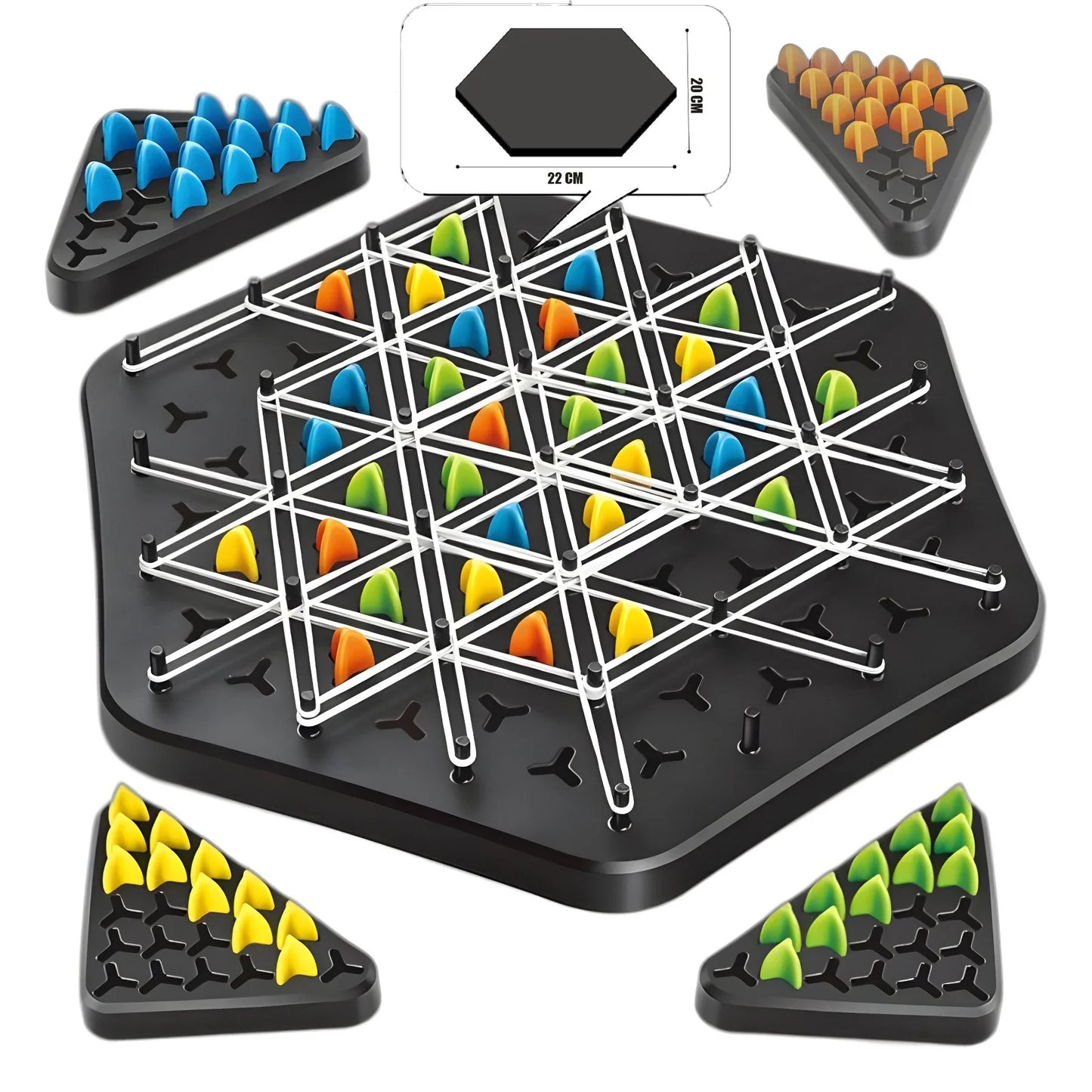 Unisex strategic thinking board game, pieces arranged on a colorful game board, for all ages