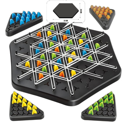 Unisex strategic thinking board game, pieces arranged on a colorful game board, for all ages
