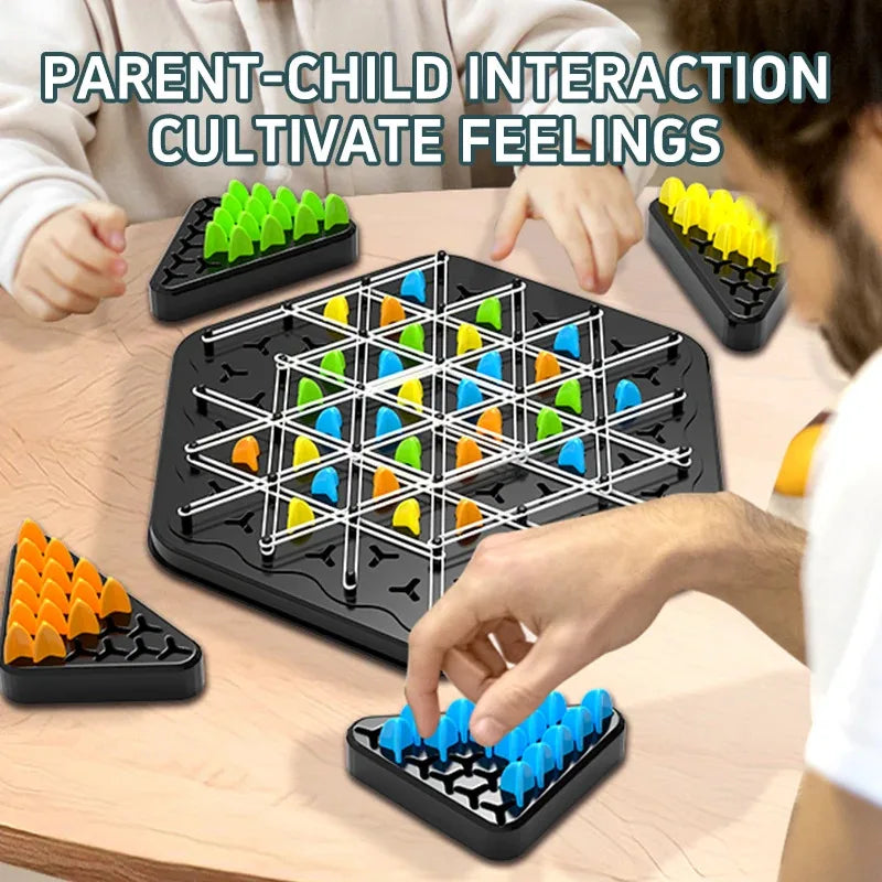Family playing a wooden strategy board game, an educational toy promoting strategic thinking