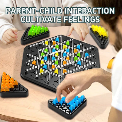 Family playing a wooden strategy board game, an educational toy promoting strategic thinking