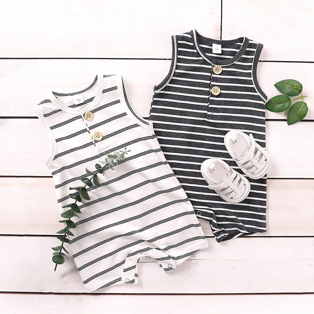 Unisex striped sleeveless baby romper, soft cotton blend jumpsuit for infants, snap closure for easy changes.