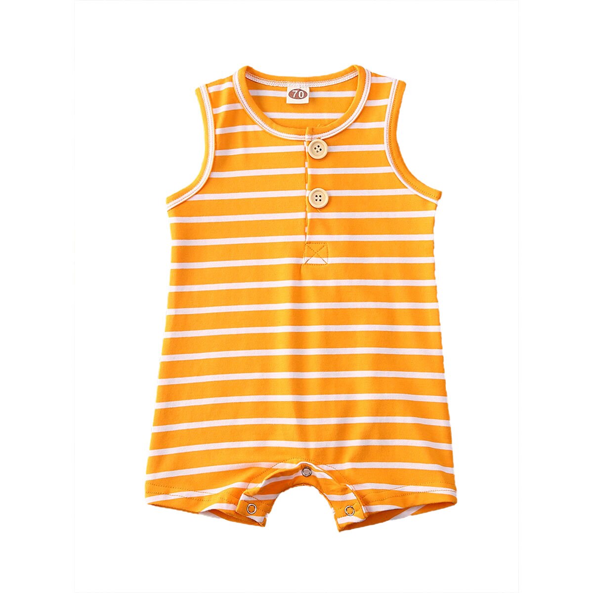 Unisex baby romper, striped sleeveless jumpsuit, soft cotton blend fabric with practical snap fasteners.