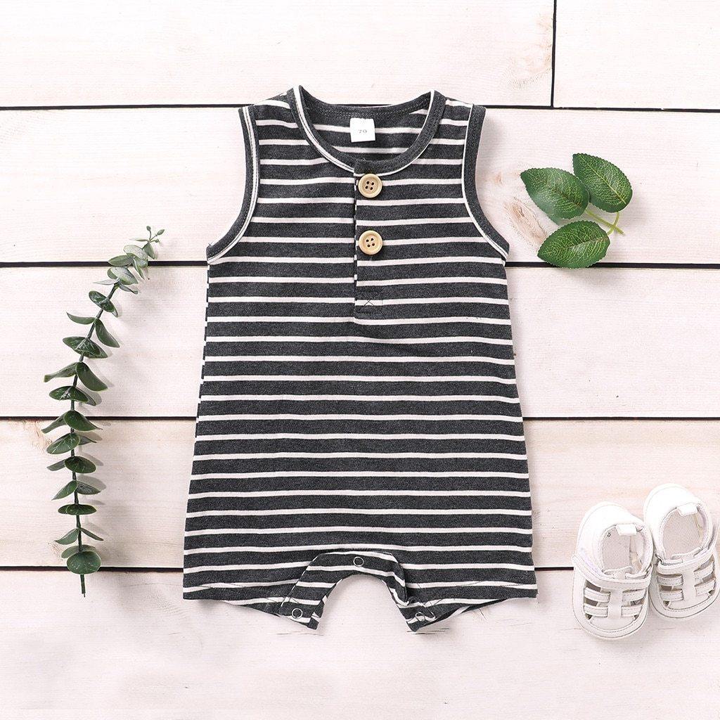 Comfortable baby unisex sleeveless jumpsuit with classic stripes, perfect summer outfit for infants.