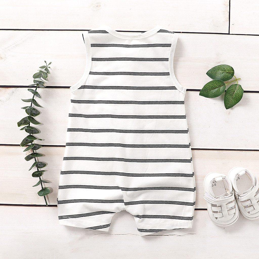 Striped baby romper, unisex design, made from breathable cotton blend, ideal for warm weather infant wear.
