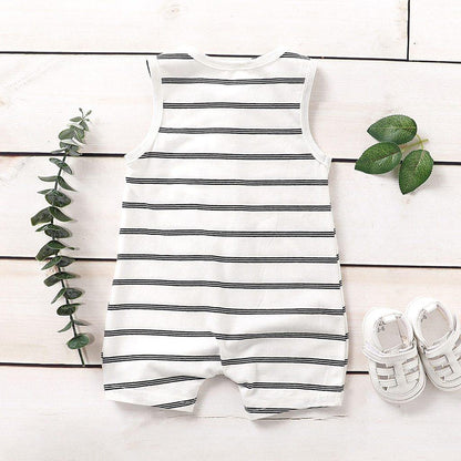 Striped baby romper, unisex design, made from breathable cotton blend, ideal for warm weather infant wear.