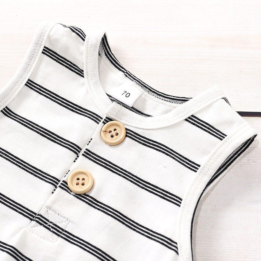Baby unisex sleeveless striped jumpsuit, adorable and soft cotton blend, convenient snap closure infant apparel.