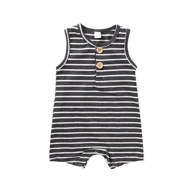 Sleeveless striped baby jumpsuit, versatile unisex design, lightweight cotton blend for active infants.