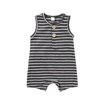 Sleeveless striped baby jumpsuit, versatile unisex design, lightweight cotton blend for active infants.