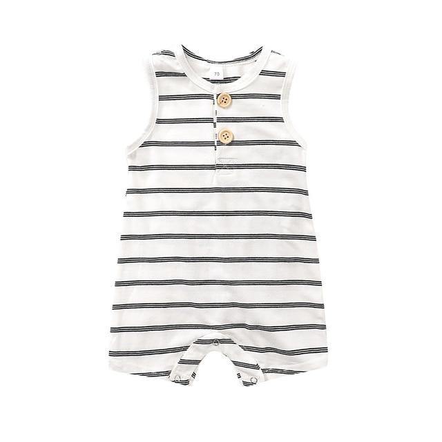 Cute unisex baby romper with stripes, comfortable sleeveless design for summer infant wear.