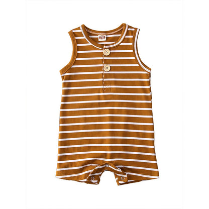 Striped cotton blend baby jumpsuit, unisex and sleeveless, featuring easy snap closure for newborns.