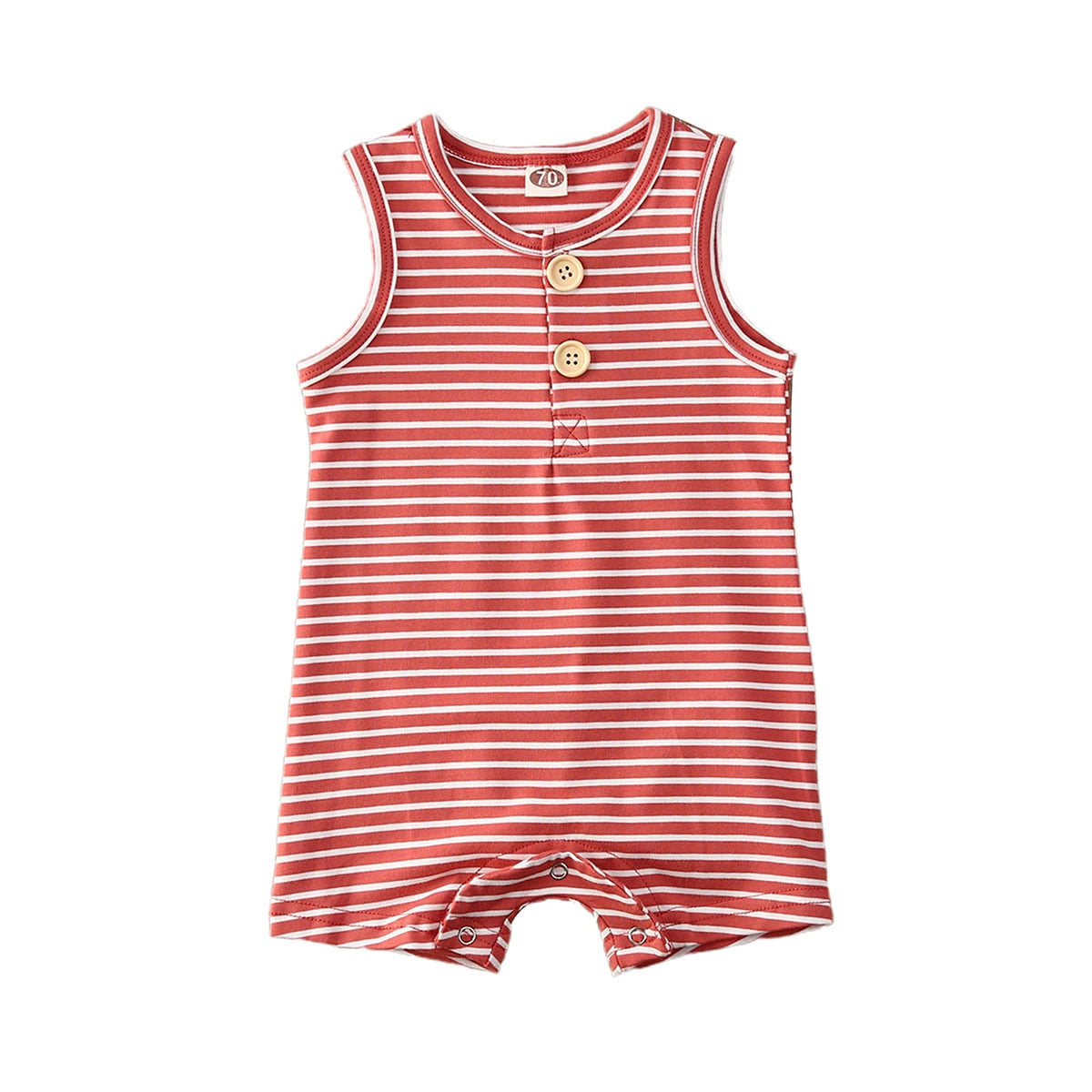 Baby clothing: sleeveless striped romper in cotton blend, unisex design for comfortable infant wear.