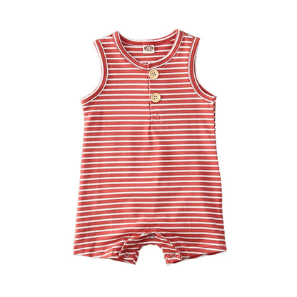 Baby clothing: sleeveless striped romper in cotton blend, unisex design for comfortable infant wear.