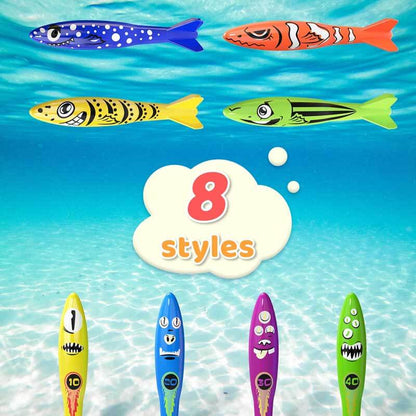 Underwater view of diving torpedoes, engaging pool toys for various age groups