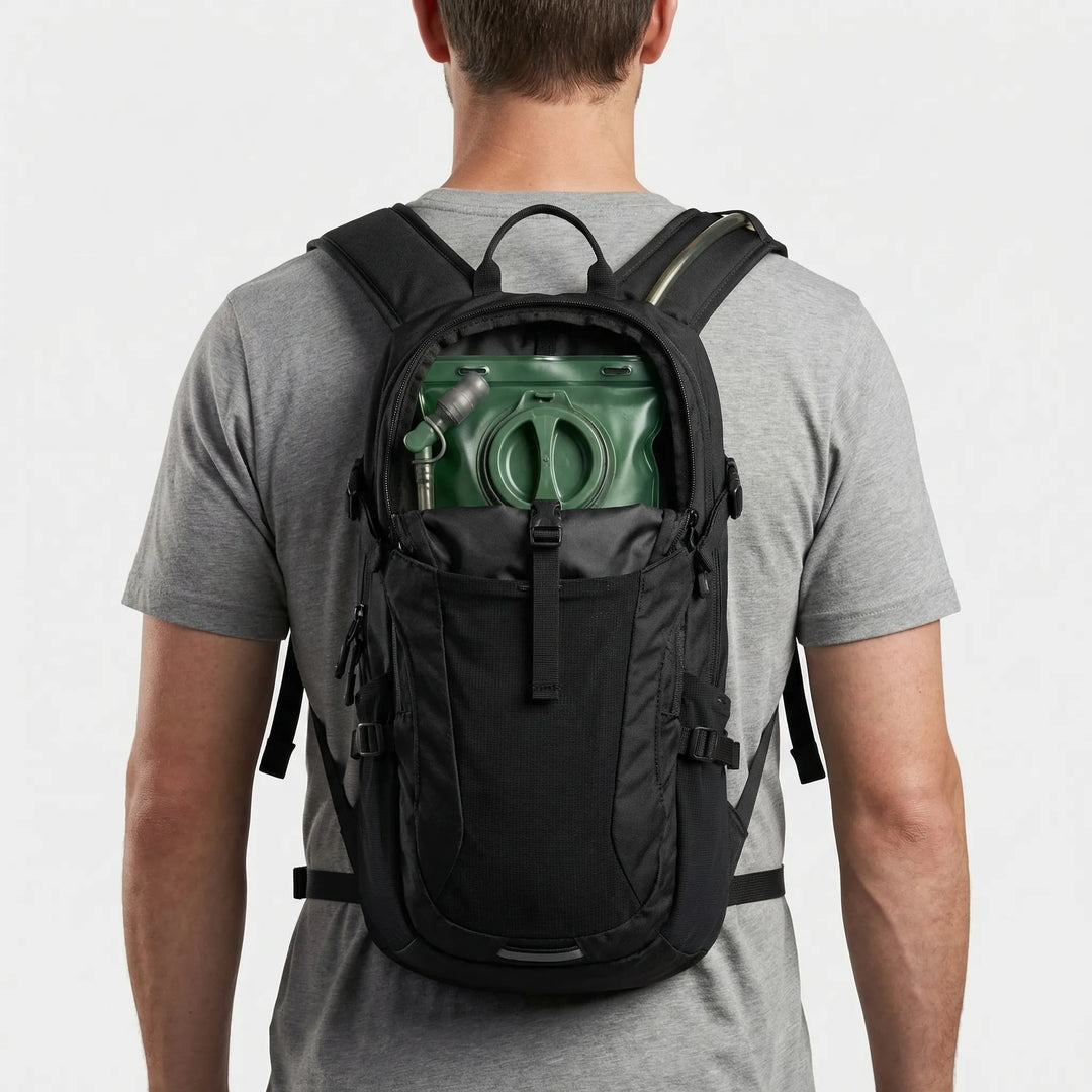 Lightweight tactical hydration pack for running, cycling, hiking. Includes 3L water bladder.