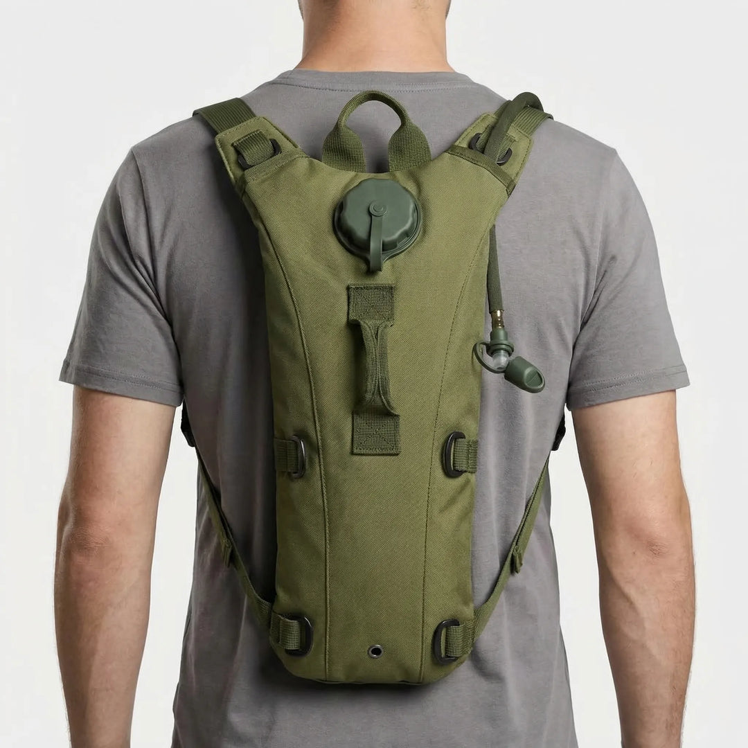Unisex tactical hydration backpack, 3L water bladder, ideal for hiking, running, and cycling.