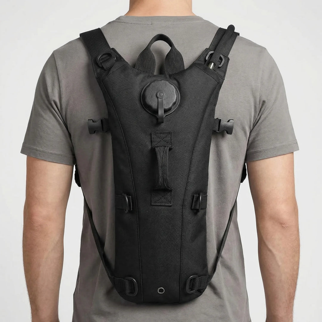 Adventure-ready tactical hydration pack with 3L bladder. Essential gear for outdoor activities.