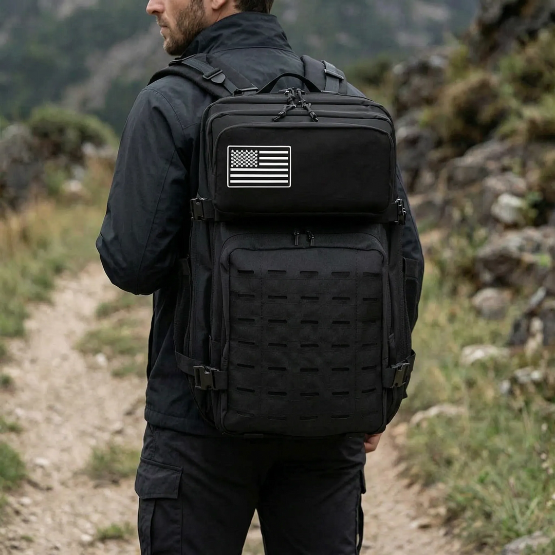 Unisex tactical MOLLE backpack in black, high capacity for outdoor adventures.