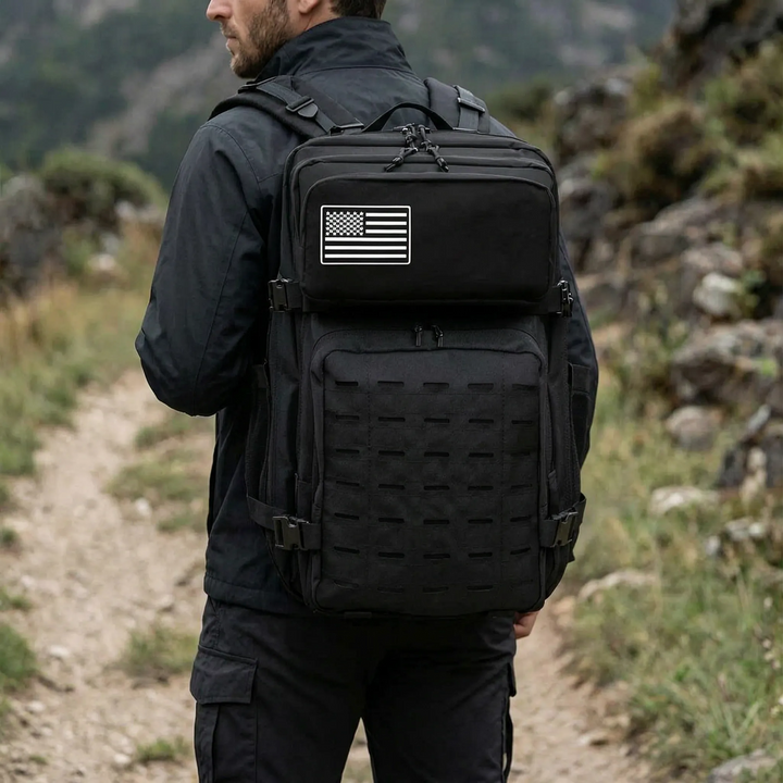 Unisex tactical MOLLE backpack in black, high capacity for outdoor adventures.