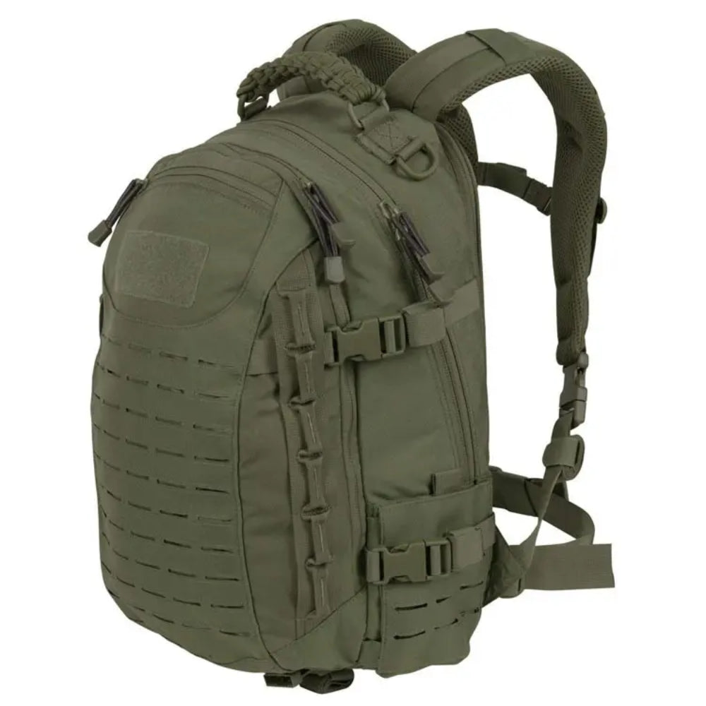 Close-up of durable, waterproof fabric on a tactical hiking backpack, showcasing rugged zippers and quality construction.