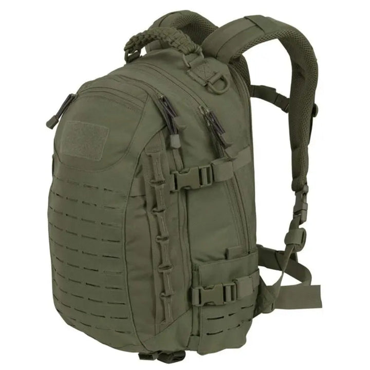 Close-up of durable, waterproof fabric on a tactical hiking backpack, showcasing rugged zippers and quality construction.