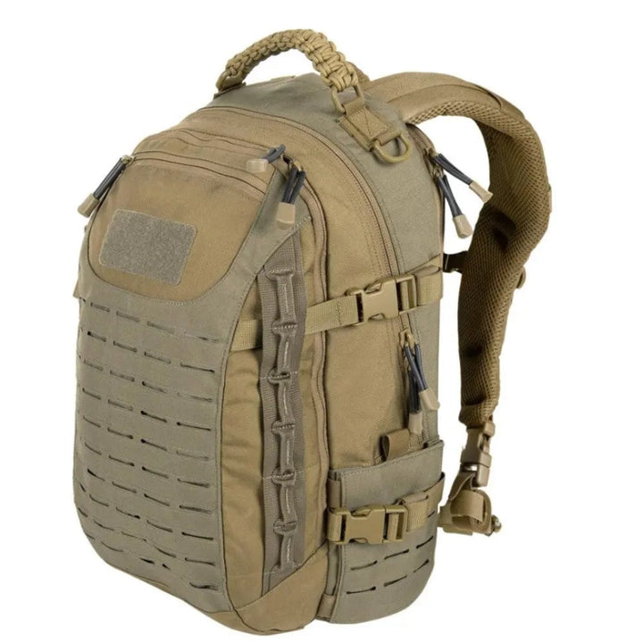 Unisex adventure pack in outdoor setting, showcasing its waterproof design and tactical features for hiking & travel.