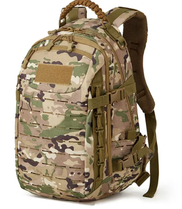 Detail of Molle system on a tactical waterproof backpack, allowing custom attachments for hiking, camping, and outdoor gear.